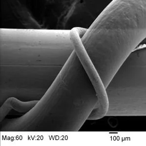 Secondary electron image of a set of three wires in a wrapped pattern.