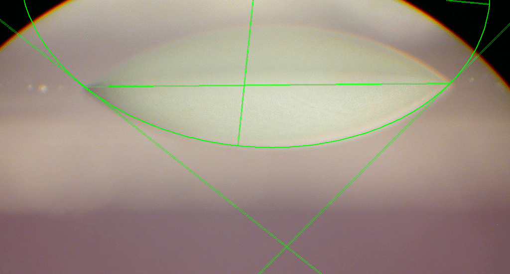 The plasticizer droplet is shown here with the analysis used to measure the contact angle.