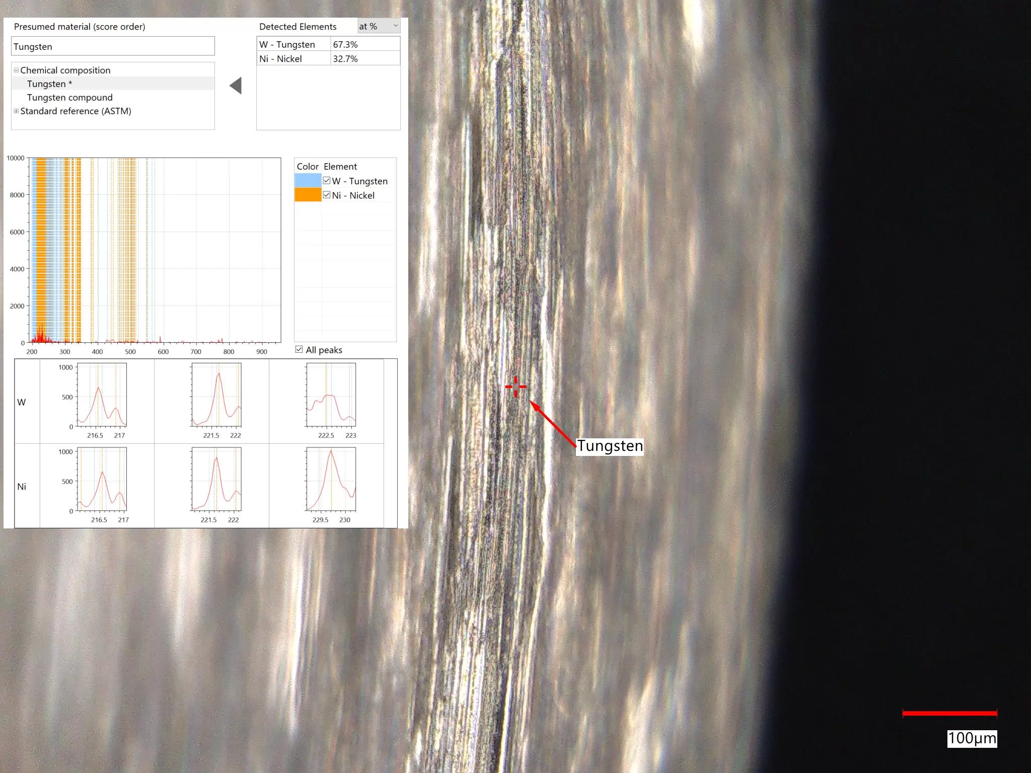 Example use of Keyence and LIBs for elemental analysis of an alloy surface. This material shows Tungsten (~67%) and Nickel (~33%).